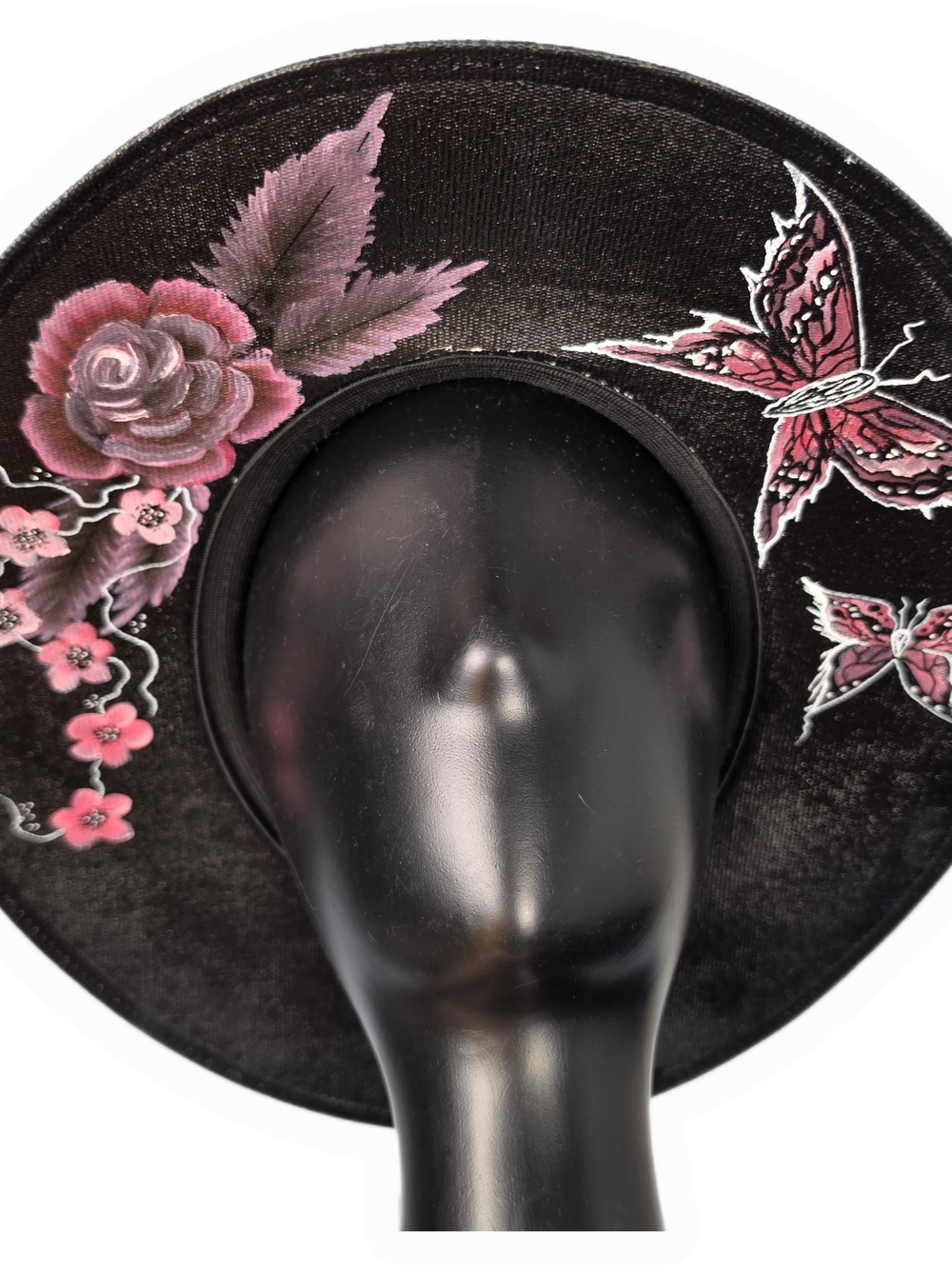 Gothic Sun Hat - Hand Painted Butterly Rose Black & Red (Damage Discount)